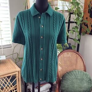 J.Crew Men’s Emerald Green Cable Knit Button Up Short Sleeve Cardigan Sweater